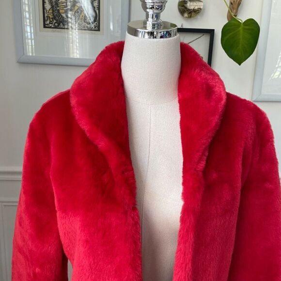 Vintage 80s Guess Faux Fur Red Open Front Teddy Coat M - Picture 2 of 6